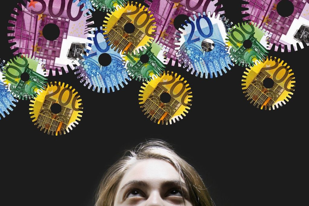 woman, gears, money